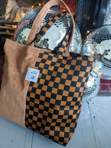 Brown Checkerboard & Cord Weekend Tote Bag