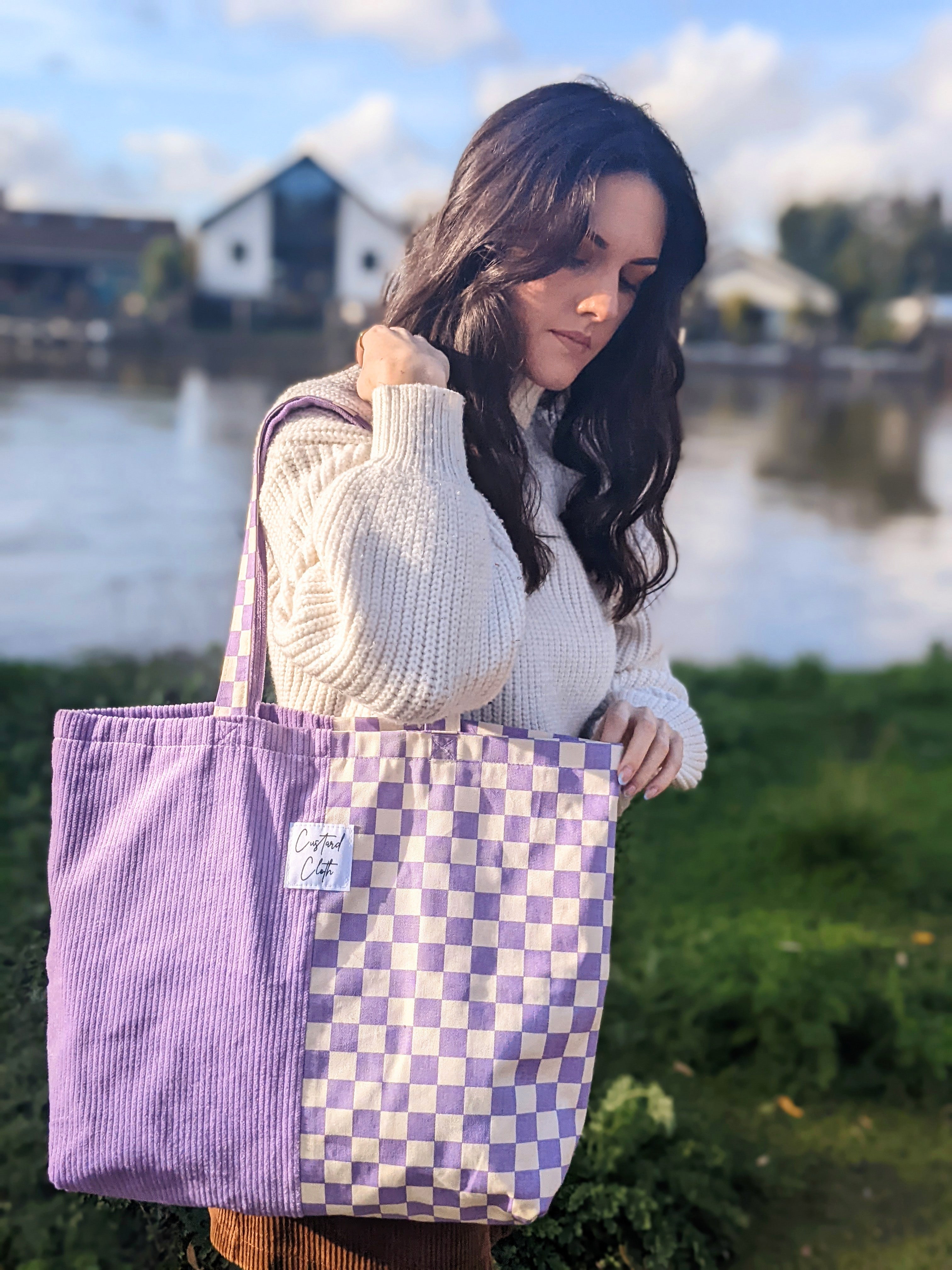Lilac Checkerboard & Cord Weekend Tote Bag