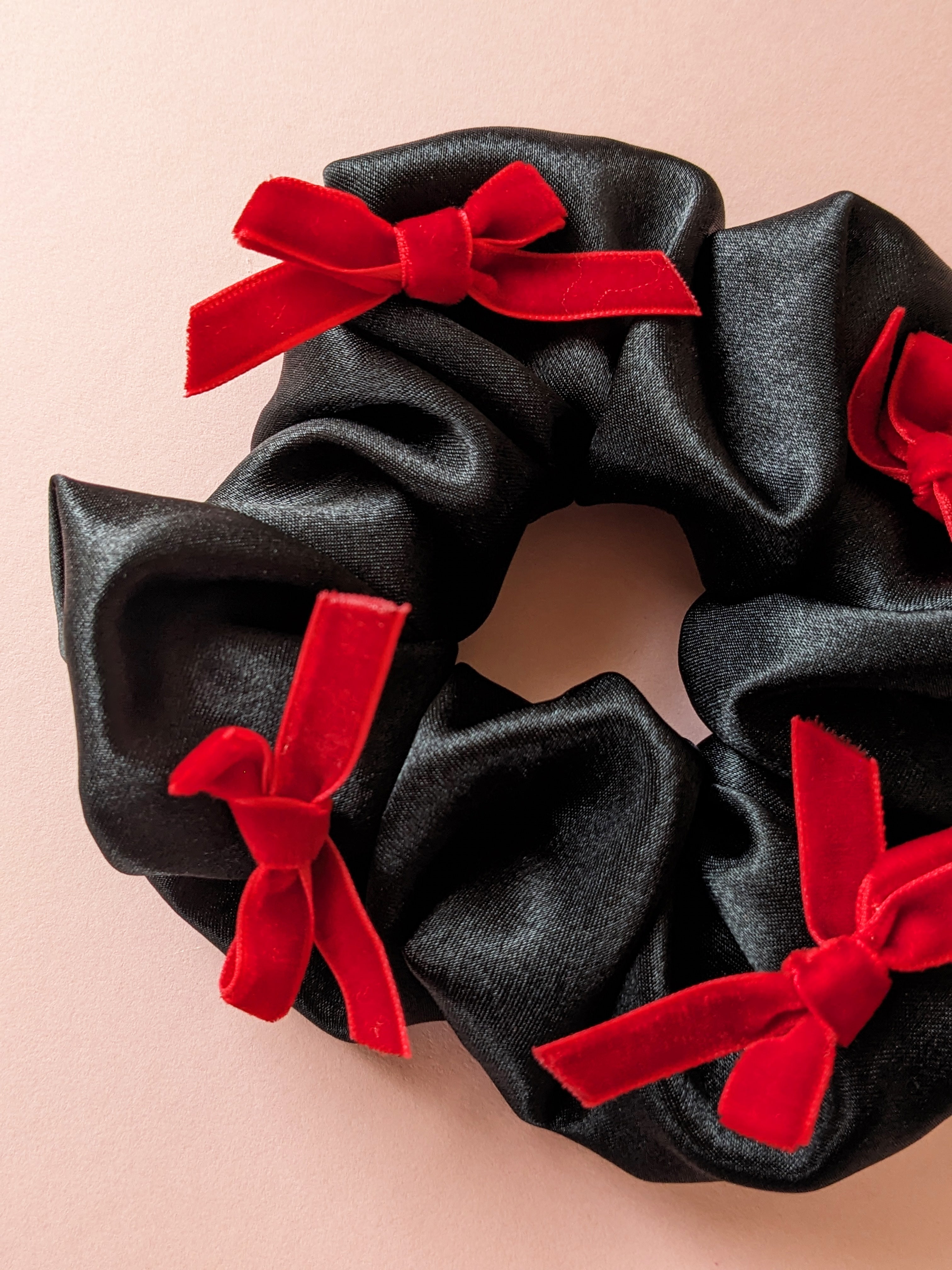 Black Satin Red Velvet Bow Scrunchie