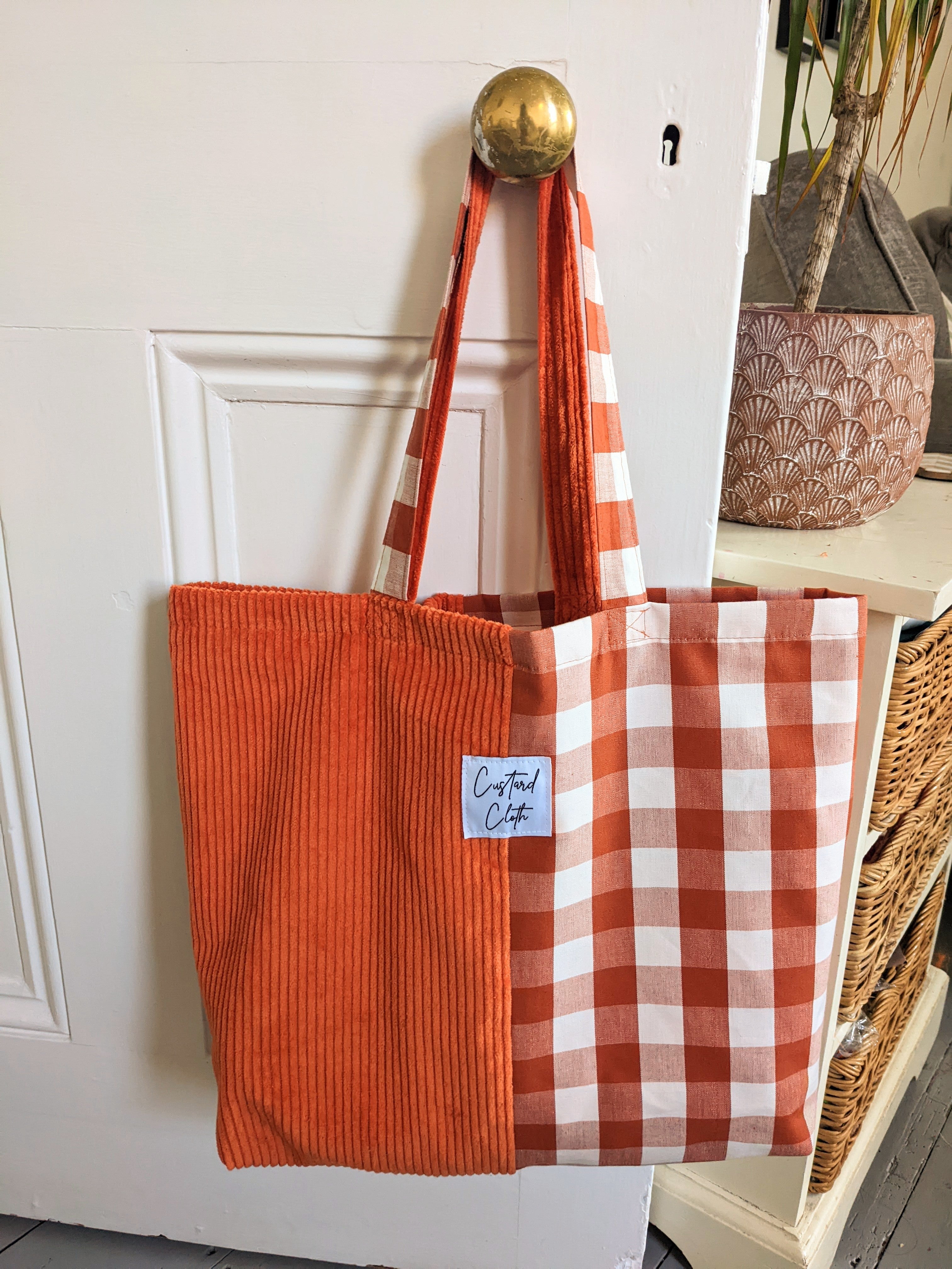 Gingham and Orange Cord Weekend Tote Bag