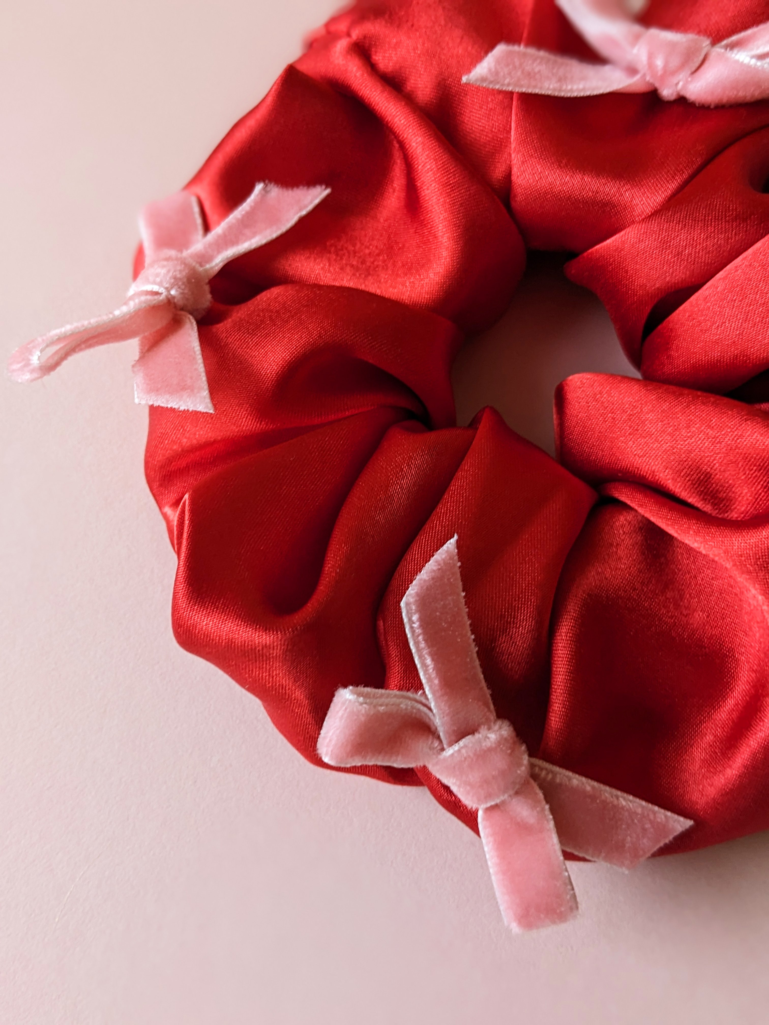 Red Satin Pink Velvet Bow Scrunchie