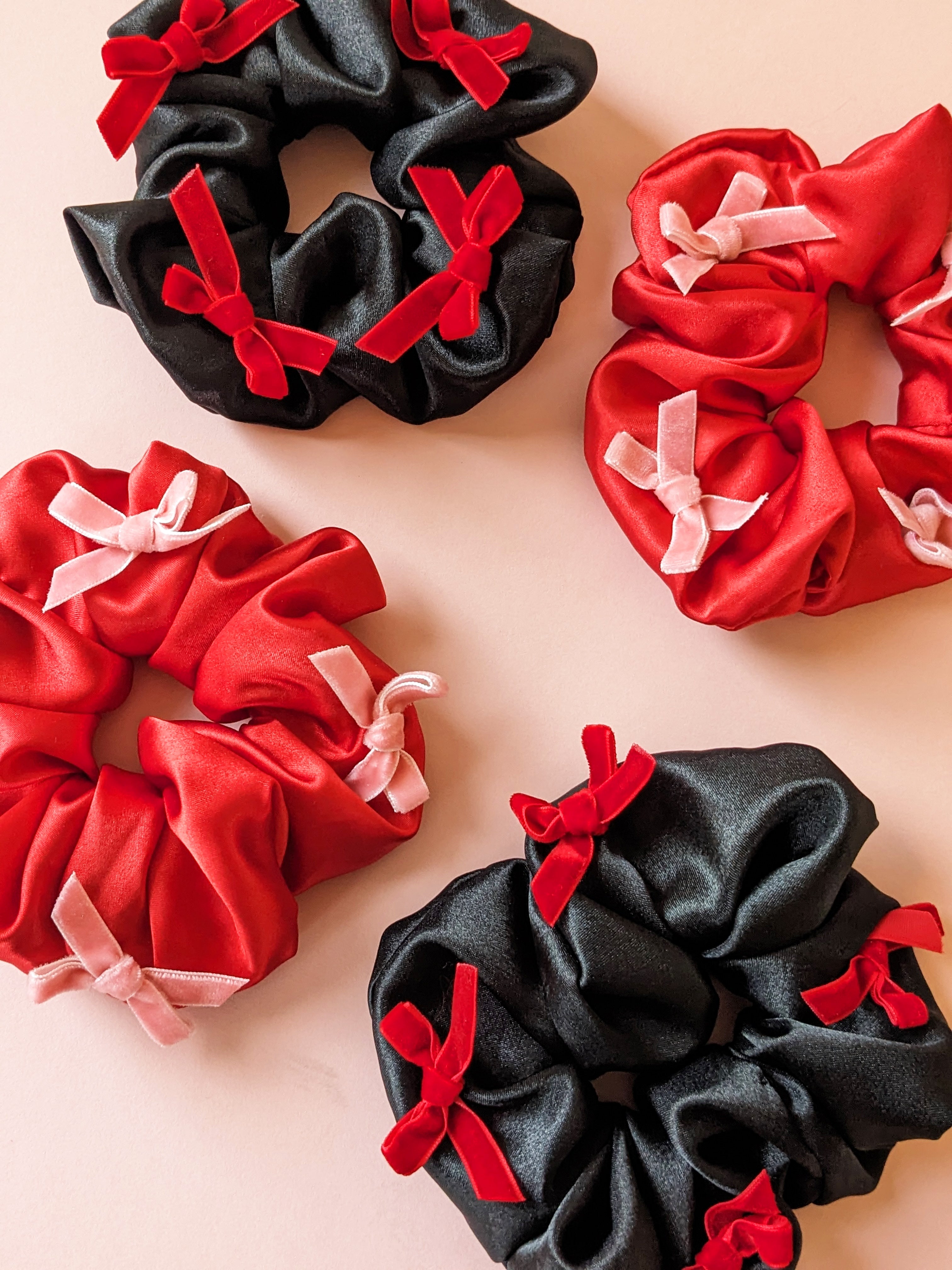 Red Satin Pink Velvet Bow Scrunchie