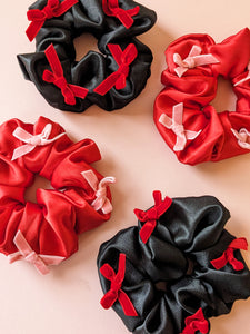 Black Satin Red Velvet Bow Scrunchie