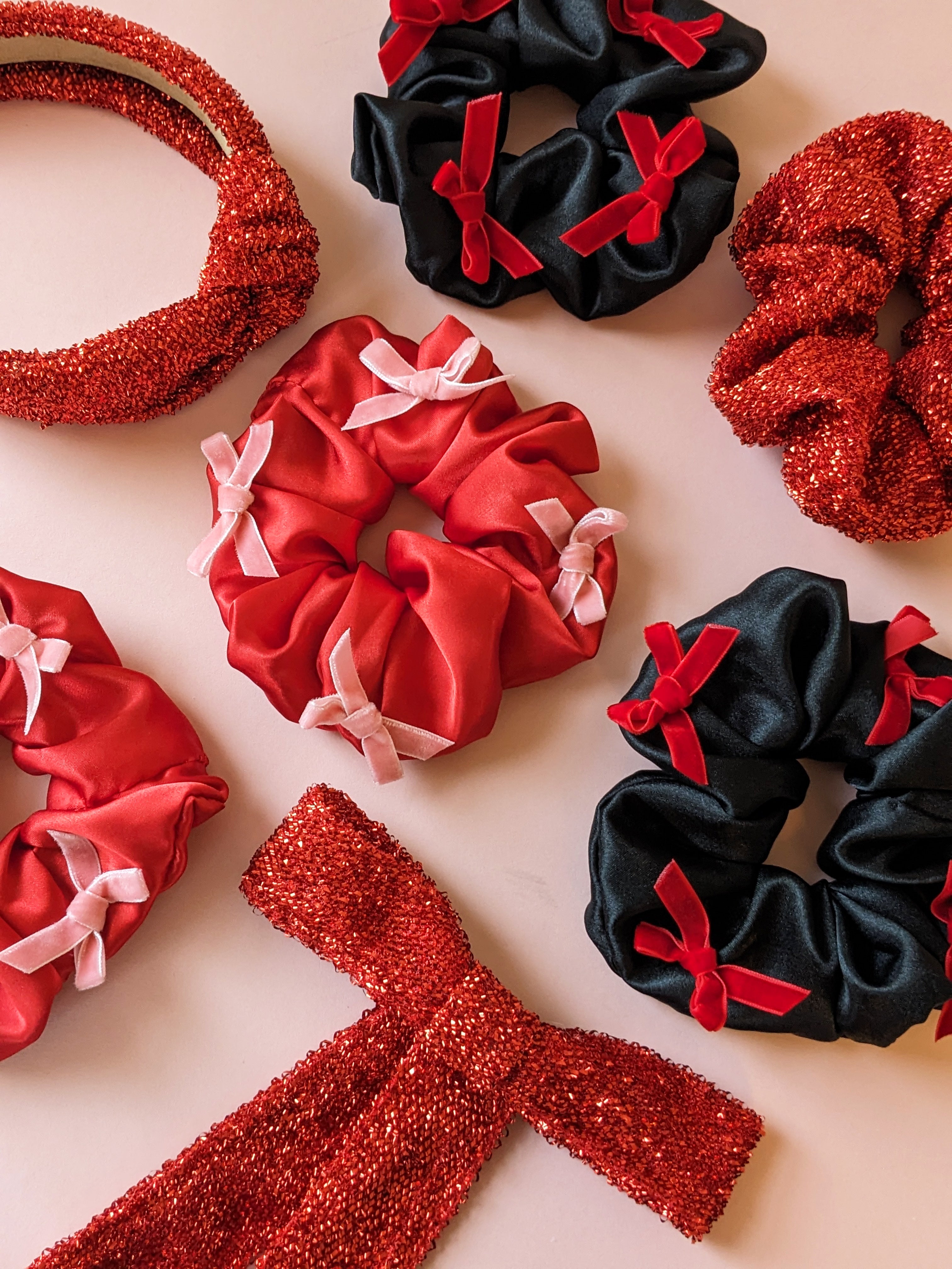 Black Satin Red Velvet Bow Scrunchie