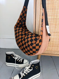 Brown Checkerboard & Cord Sling Bag