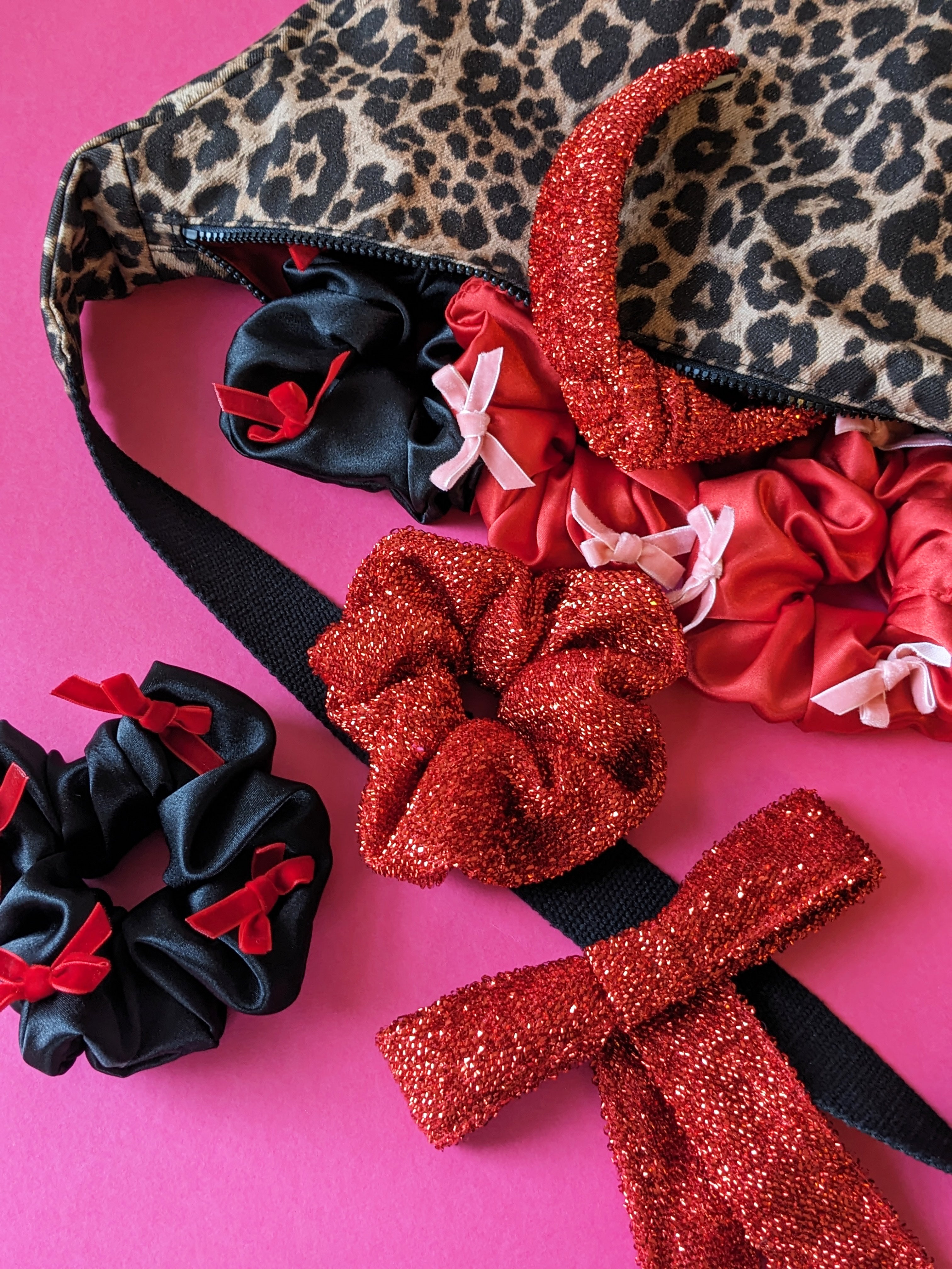 Black Satin Red Velvet Bow Scrunchie